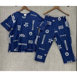 Jostar Top & Pants Set Vtg Womens XL Navy Blue Fish Star Pattern Short Sleeve.